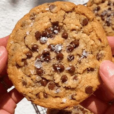 A Person Holding A Chocolate Chip Cookie With Sea Salt On Top GIF