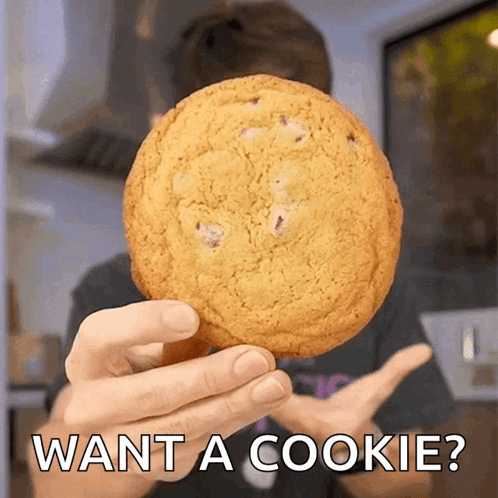 A Person Holding A Cookie With The Words Want A Cookie Written Below It GIF