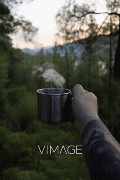 A Person Holding A Cup With Steam Coming Out Of It In Front Of Trees And The Word Vimager GIF