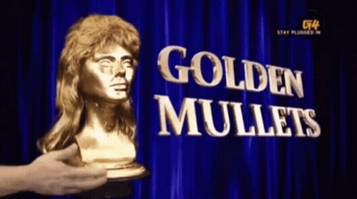 A Person Holding A Golden Mullet Statue In Front Of A Curtain That Says Golden Mullets GIF