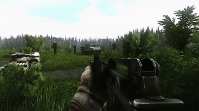 A Person Holding A Gun In A Video Game With A Tank In The Background GIF