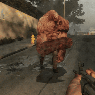 A Person Holding A Gun In Front Of A Monster On The Street GIF