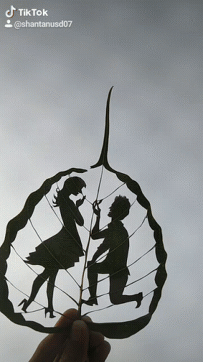 A Person Holding A Leaf With A Silhouette Of A Man And Woman On It GIF