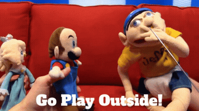 A Person Holding A Mario Puppet With The Words Go Play Outside GIF