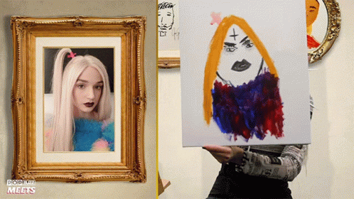 A Person Holding A Painting In Front Of Their Face With The Words " Poppy Meets " On The Bottom GIF