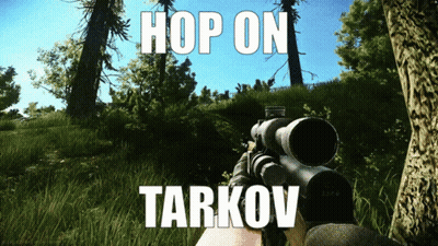 A Person Holding A Sniper Rifle With The Words Hop On Tarkov Written On It GIF