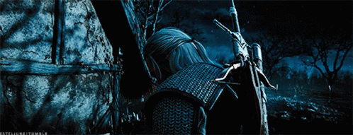 A Person Holding A Sword In A Dark Forest With A Watermark That Says Esteijunritamblr GIF