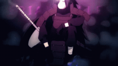A Person Holding A Sword In Front Of A Purple Background With The Letter L GIF