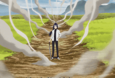 A Person Holding A Sword On A Dirt Road With Smoke Coming Out Of It GIF