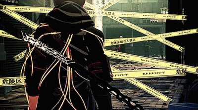 A Person Holding A Sword Standing In Front Of A Row Of Yellow Tape That Says Keepout GIF