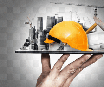 A Person Holding A Tablet With A Hard Hat And A City In The Background GIF