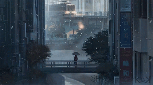 A Person Holding An Umbrella Stands On A Bridge In Front Of A Sign That Says Step GIF