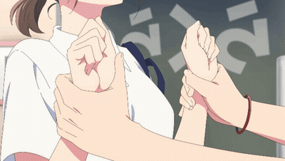 A Person Holding Another Person 'S Arm In Front Of A Sign That Says ' S ' GIF