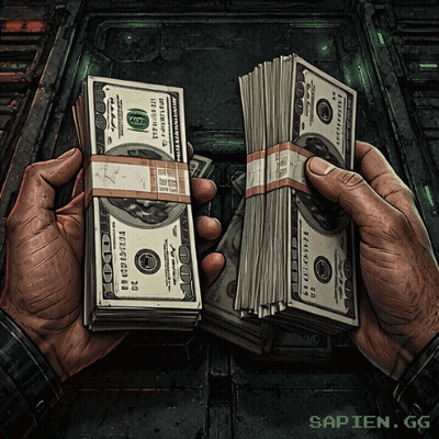 A Person Holding Two Stacks Of 100 Dollar Bills With The Caption Sapien.gg GIF