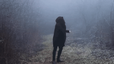A Person In A Black Coat Is Standing In The Fog In A Forest . GIF