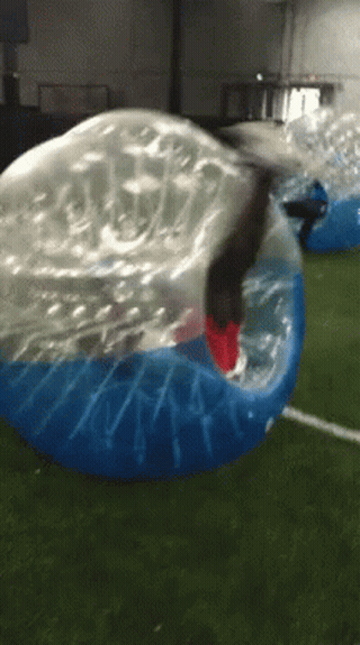 A Person In A Blue And Clear Bubble On A Grassy Field GIF