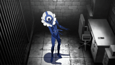 A Person In A Blue Costume With A White Circle On Their Head GIF