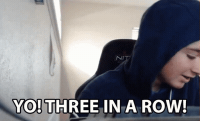 A Person In A Blue Hoodie Says " Yo Three In A Row " GIF