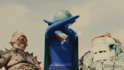 A Person In A Blue Superhero Costume With Their Arms Outstretched GIF