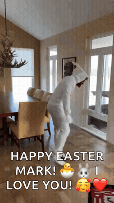 A Person In A Bunny Costume Is Dancing In A Living Room With The Words Happy Easter Mark I Love You GIF