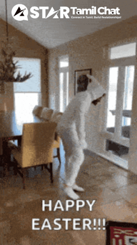 A Person In A Bunny Costume Says Happy Easter On A Star Tamil Chat Advertisement GIF