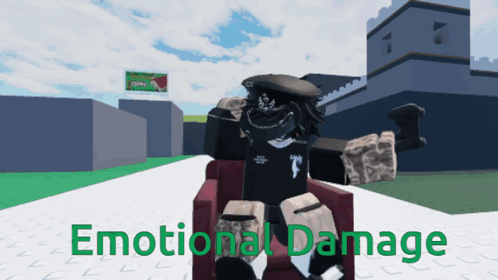 A Person In A Chair With The Words Emotional Damage Written Below Them GIF