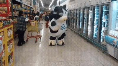 A Person In A Cow Costume Is Walking Down A Grocery Store Aisle GIF