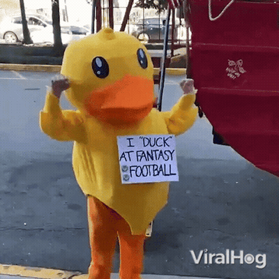 A Person In A Duck Costume Holds A Sign That Says I Duck At Fantasy Football GIF