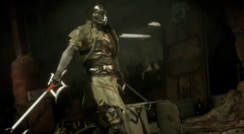 A Person In A Gas Mask Is Holding A Sword In Their Hand . GIF