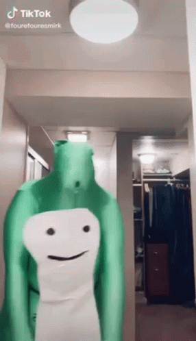 A Person In A Green And White Costume Is Standing In A Hallway Next To A Closet . GIF