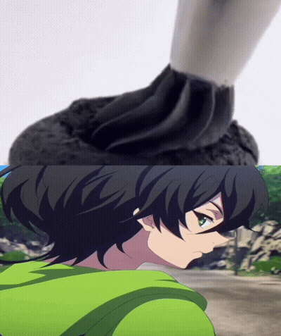 A Person In A Green Hoodie Is Standing Next To A Cupcake With Black Frosting GIF