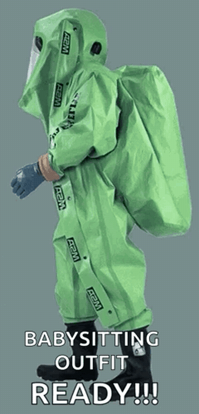 A Person In A Green Suit That Says Babysitting Outfit Ready On It GIF