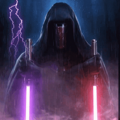A Person In A Hooded Cloak Holding Two Lightsabers GIF