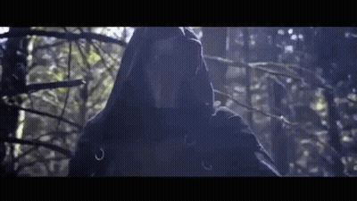 A Person In A Hooded Sweatshirt Is Standing In The Woods . GIF