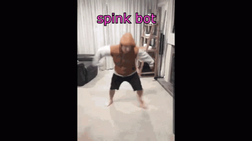 A Person In A Hoodie Is Dancing In A Living Room With The Words Spink Bot Above Them GIF