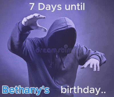 A Person In A Hoodie With The Words 7 Days Until Bethany 'S Birthday Written On It GIF