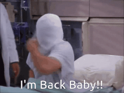 A Person In A Hospital Bed With A Bandage On Their Head And The Words I 'M Back Baby . GIF