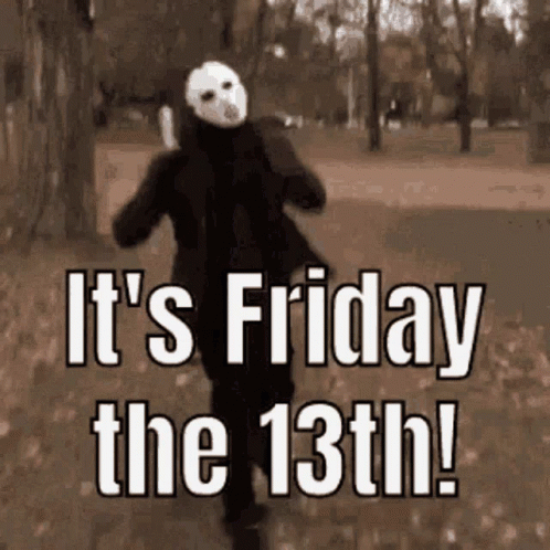 A Person In A Jason Voorhees Costume Is Running In A Park With The Words It 'S Friday The 13Th GIF