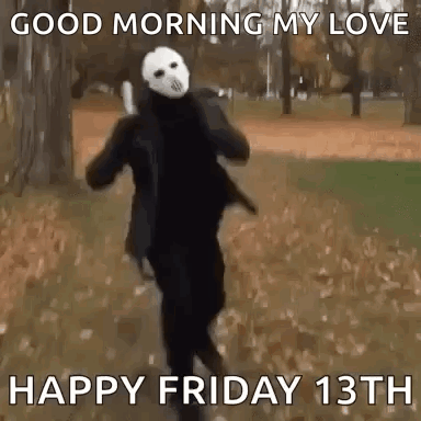 A Person In A Jason Voorhees Costume Is Running Through A Park . GIF