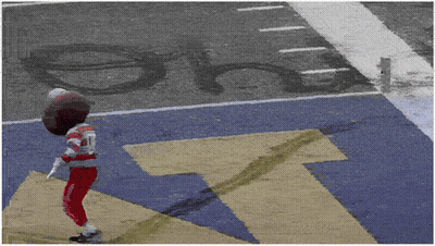 A Person In A Mascot Costume Is Standing In Front Of A Football Field GIF