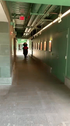 A Person In A Mascot Costume Walking Down A Hallway With An Exit Sign Above Them GIF