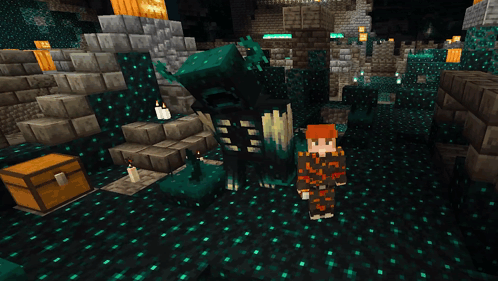 A Person In A Minecraft Video Game Standing Next To A Monster GIF