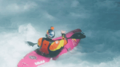 A Person In A Pink Kayak With The Word Koktail On The Side GIF