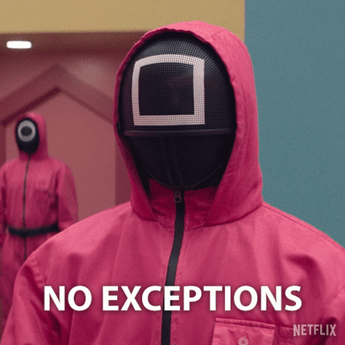 A Person In A Pink Suit With The Word No Exceptions Written On It GIF
