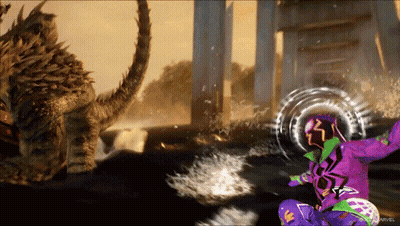 A Person In A Purple And Green Superhero Costume Is Fighting A Monster GIF