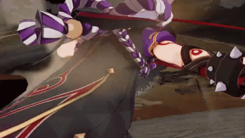 A Person In A Purple And White Striped Outfit Is Holding A Sword In A Video Game GIF