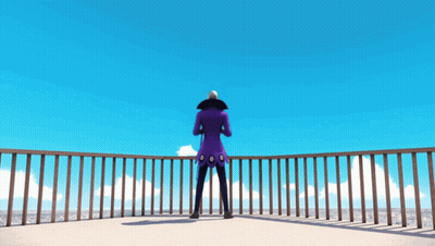 A Person In A Purple Coat Is Standing On A Balcony GIF