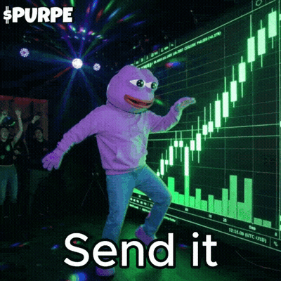 A Person In A Purple Frog Costume Is Dancing In Front Of A Screen That Says Send It GIF