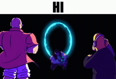 A Person In A Purple Mask Is Looking At A Blue Circle In The Dark . GIF