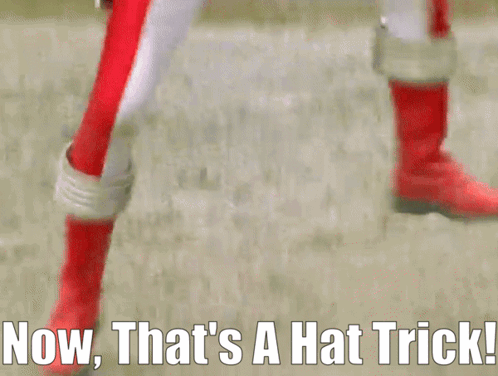A Person In A Red And White Outfit Is Walking With The Words Now That 'S A Hat Trick GIF